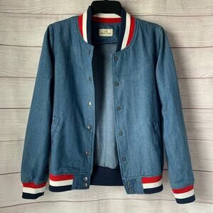 Marine Layer Denim Jean Bomber Jacket Button Up Red White Blue Stripe Size XS